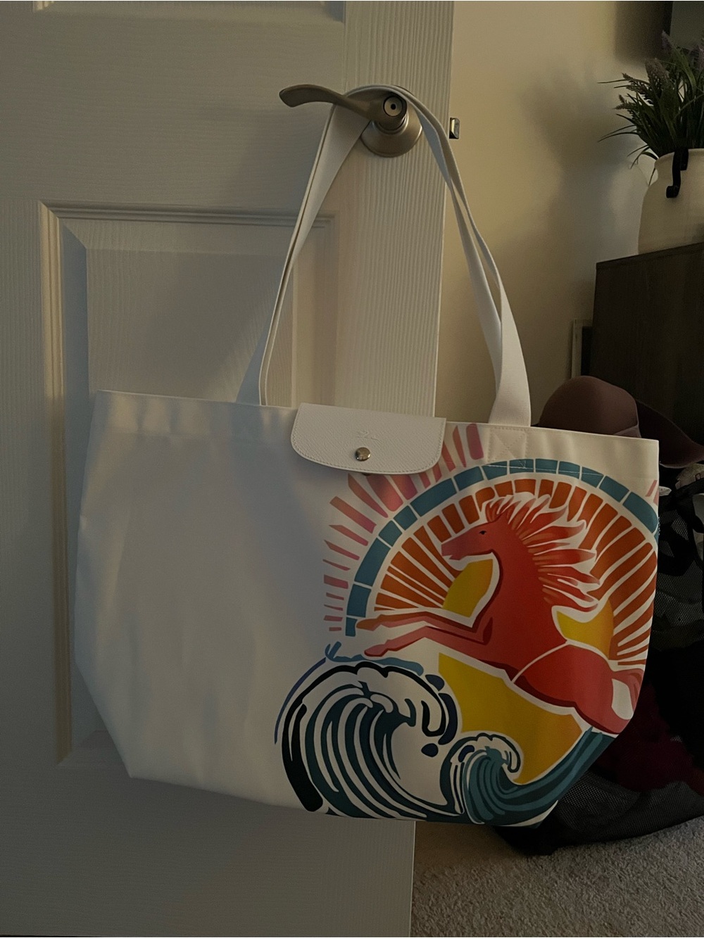 Longchamp White Tote with Colorful Seahorse and Wave Motif